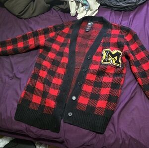 Disney Forever 21 Red and Black Plaid Cardigan Mickey Mouse M NWOT